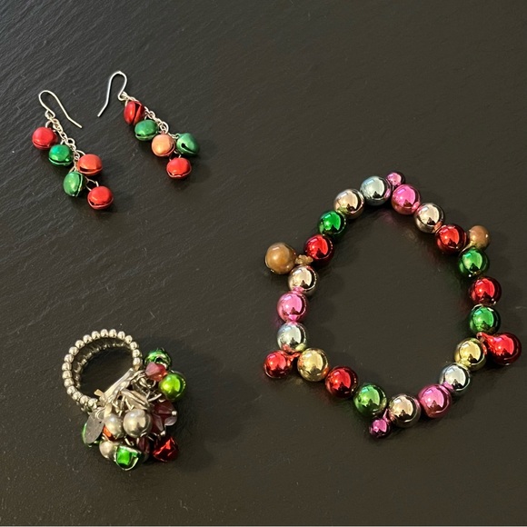 Christmas Holidays Multicolor Beaded Bells Set with Ring Earrings & Bracelet - Picture 1 of 14
